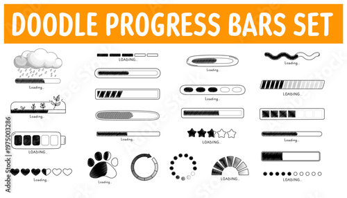 Hand drawn doodle progress bars and loading indicators UI kit. Pencil sketch web elements.