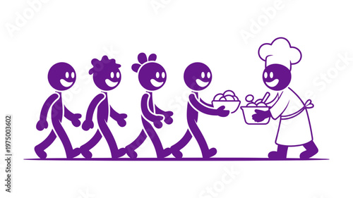 A line of cheerful purple stick figures receives bowls of food from a smiling chef.