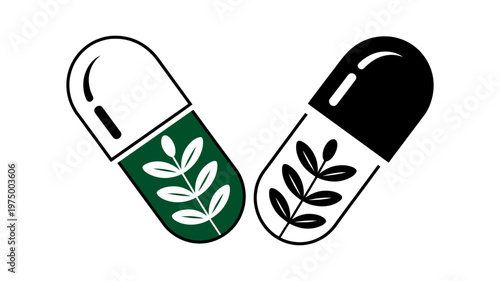 Two distinct capsules feature leafy green branches, illustrating the power of natural herbal supplements.
