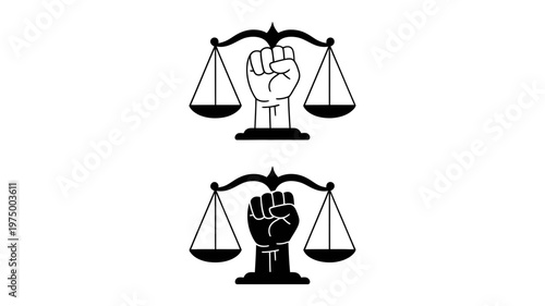 Identical scales of justice display both a light and a dark raised fist emphasizing racial equality.