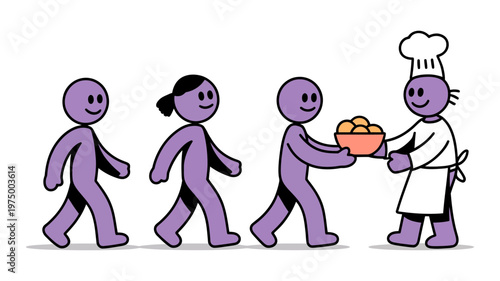 A purple chef serves a large bowl of warm food to a diverse line of waiting purple figures.