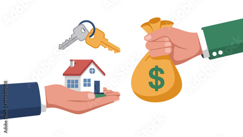 A hand offers a miniature house while another holds a money bag and keys, symbolizing a real estate transaction.