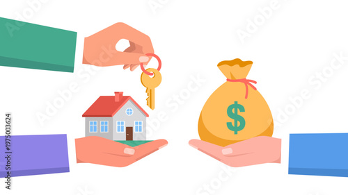 Hands exchange a house and keys for a bag of money, representing a significant real estate deal.