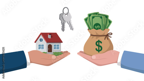 A hand receives a house and keys while another offers a money bag filled with cash, depicting a property sale.