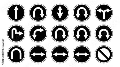 A diverse assortment of black and white circular road signs indicating various navigational instructions and restrictions.