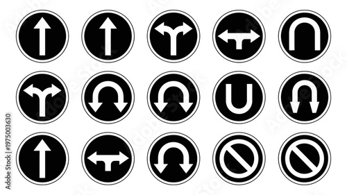 A comprehensive collection of circular black and white road signs illustrating various traffic directions and prohibitions.