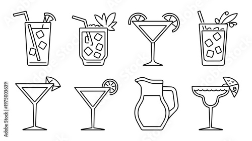 A charming collection of line art icons depicting various refreshing cocktails and a beverage pitcher.
