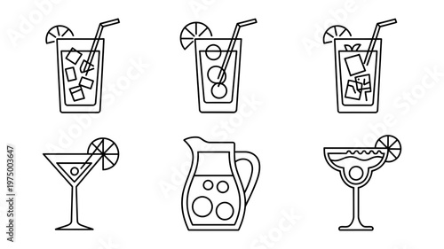 A series of refreshing cocktail outlines in various glasses presented with a versatile beverage pitcher icon.