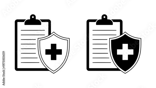 Two medical clipboard icons accompanied by protective shield symbols featuring a prominent healthcare cross.