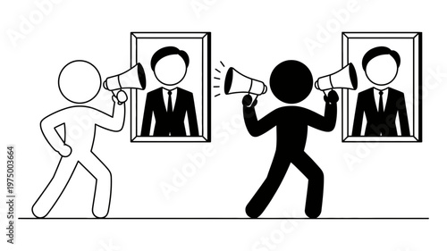 Two stick figures with megaphones are shouting towards framed portraits of authoritative figures.