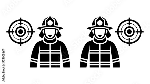 Two determined firefighter bust icons positioned beside circular target symbols, representing dedication and precision.