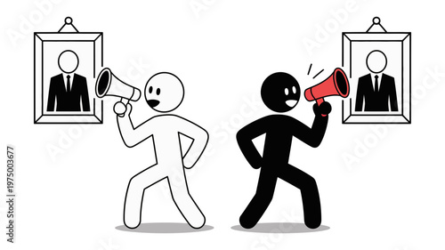 Energetic stick figures use megaphones to voice their opinions toward portraits of leaders.