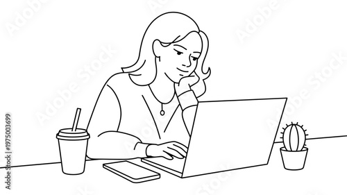 A young woman with long hair happily works on her laptop in a comfortable setting.