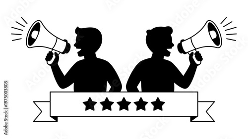 Two silhouetted men speaking into megaphones above a banner with four fully filled stars.