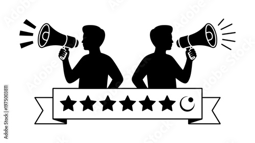 Two silhouetted men with megaphones above a banner showcasing a 4.5-star customer rating.