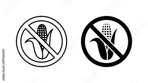 Black and white icons featuring a corn cob inside a circle with a diagonal line indicating "no corn."