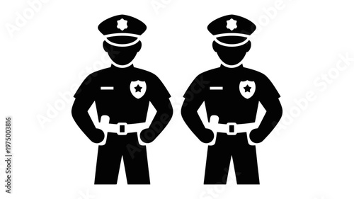 Two identical male police officers standing formally in uniform, presented as solid black silhouettes.