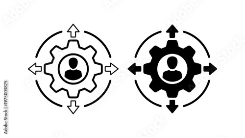 Two icons representing user management or personalization, featuring a person inside a gear with directional arrows.