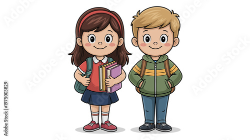 A smiling cartoon boy and girl, dressed in school attire, stand side-by-side.