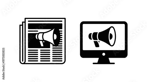 Icons showing a megaphone in a newspaper and on a computer monitor, representing news, announcement, or advertising.