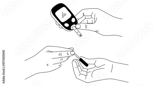 A detailed line drawing illustrating hands performing a blood glucose test using a glucometer and lancet.