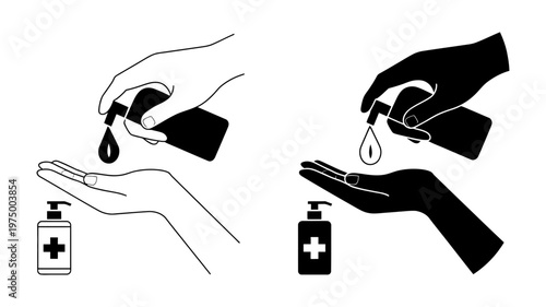A pair of illustrations showing hands applying hand sanitizer from a dispenser to maintain hygiene.