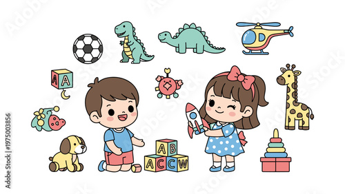 children playing with colorful educational toys and animals flat design vector illustration