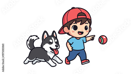 child playing fetch with husky dog flat design vector illustration