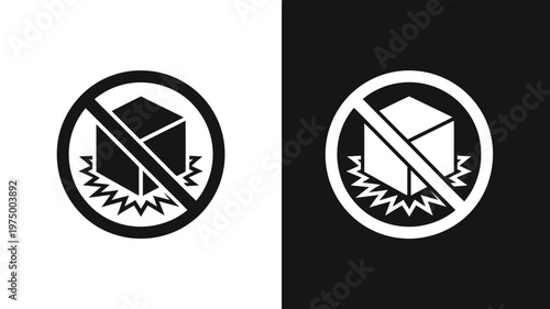A striking black and white icon indicating "no vibration" or "handle with care" for fragile items.