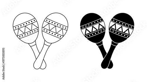 A simple black and white illustration featuring two crossed maracas with classic triangular patterns.
