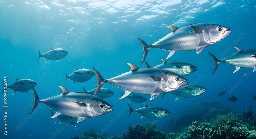 Obraz premium A school of silver fish swimming in the clear blue ocean water