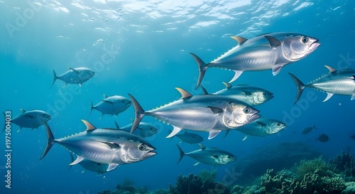 A school of silver fish swimming in the clear blue ocean water