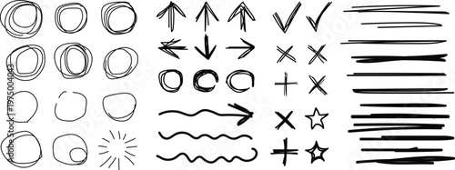 Hand‑Drawn Sketch Icons Set – Circles, Arrows, Check Marks, Stars, Lines