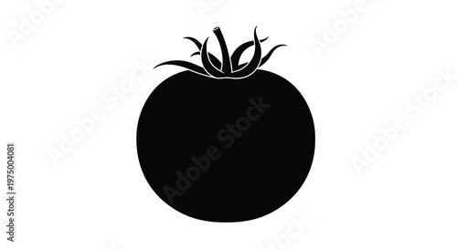A striking black and white silhouette depicts a ripe tomato with its leafy green stem