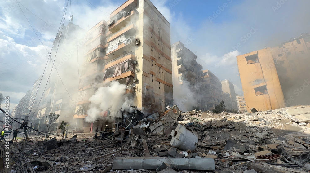 Fototapeta premium Smoke Rises from Damaged Building During Strikes in Beirut Debris Visible