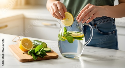A person preparing a refreshing pitcher of infused water with lemons and mint in a modern kitchen