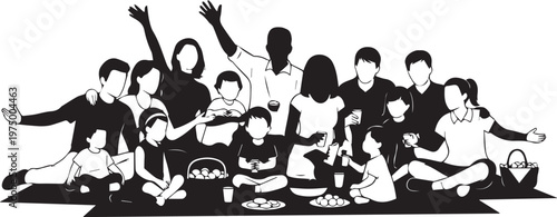 Diverse family gathering for picnic, people celebrating outdoor, vector illustration