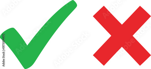 A pair of simple graphic symbols representing a green check mark for yes and a red x for no sign Vector