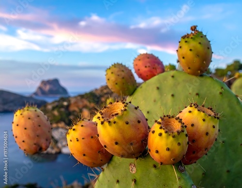 A vibrant close-up of prickly pear cactus fruits against a scenic backdrop of ocean, cliffs, and a colorful sunset sky
