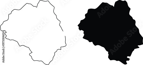 A minimalist black and white comparison showing an outline and silhouette of a jagged landmass Vector