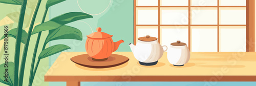Minimalist vector illustration of Asian tea ceremony with ceramic teapots on wooden table near shoji screen and green plant in calm interior setting