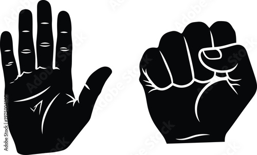 A minimalist black and white graphic illustration featuring an open palm and a clenched fist sign. Vector