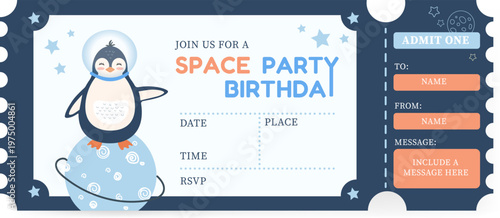Vector invitation template for a space-themed children's birthday party. A penguin in a spacesuit stands on a planet. An admission ticket for one person on a white background.