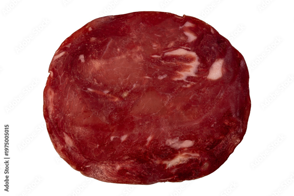 Obraz premium Cured salami slice texture, marbled fat pattern, gourmet deli meat