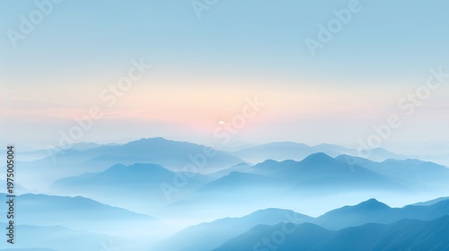 Pastel mountain layers in morning mist, Minimal blue landscape panorama, Soft atmospheric sunrise scene, Serene nature background, Dreamy horizon wallpaper, Panoramic copy space, Calm wilderness 