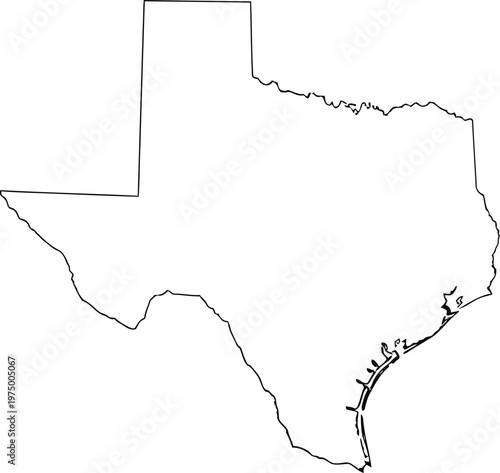 A simple black and white line drawing representing the geographical outline map of texas state. Vector