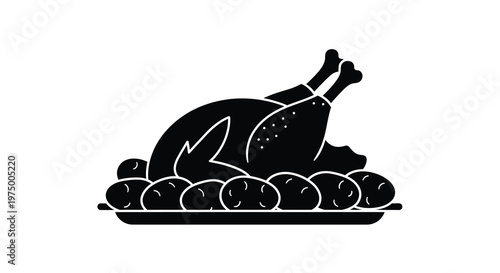 A black silhouette depicts a roasted turkey with potatoes served on a platter high quality professional