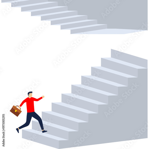 Man climbing staircase toward a gap with inverted steps above him representing mental barriers and professional glass ceilings
