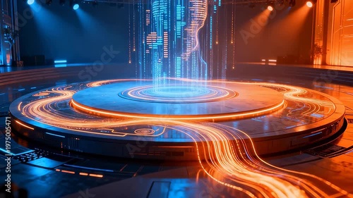 Futuristic digital platform with glowing circuits