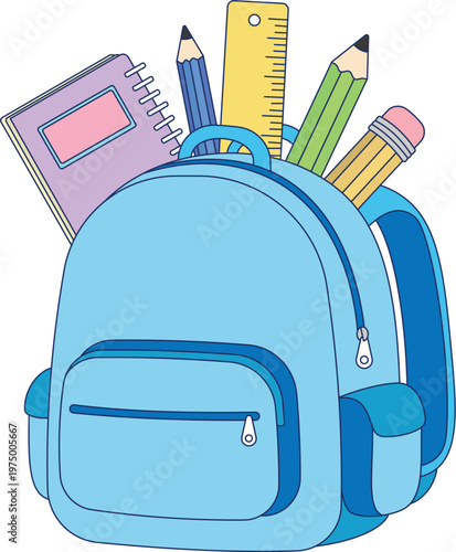 School Backpack Cartoon with Supplies Blue Bag 2D Vector Education Illustration
